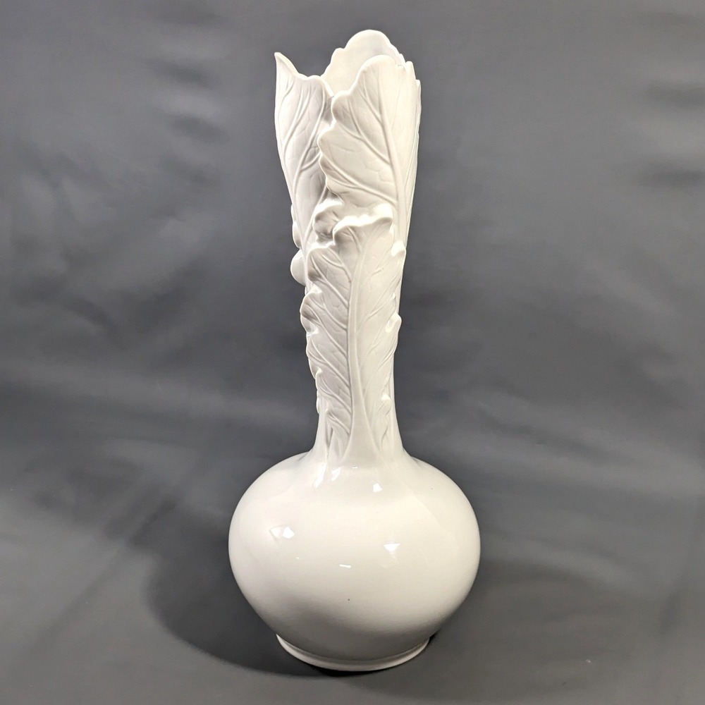 The Haldon Group White Ceramic Leaf Relief Vase Japan 15 Inch Vintage